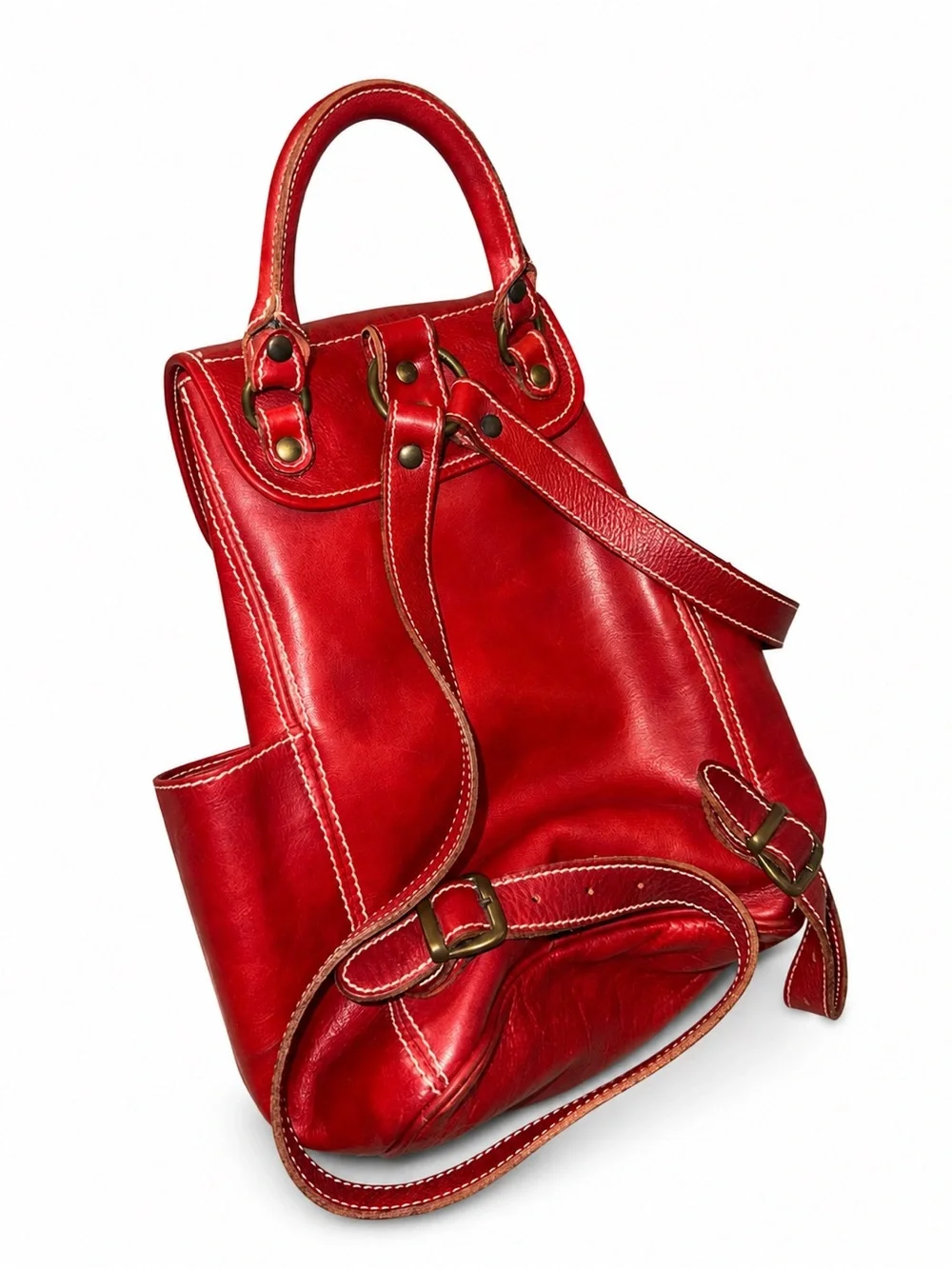 Classic Red Leather Backpack with Top Handle